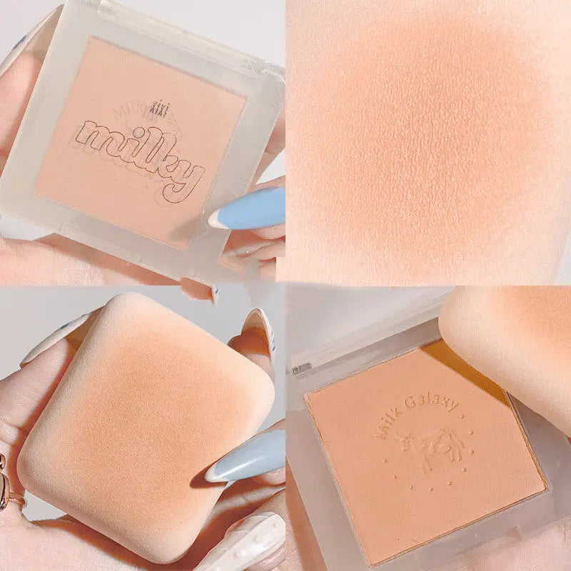 Collage of a compact powder with 'milky' branding, showing close-up of texture and packaging.
