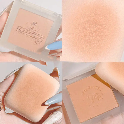 Collage of a compact powder with 'milky' branding, showing close-up of texture and packaging.