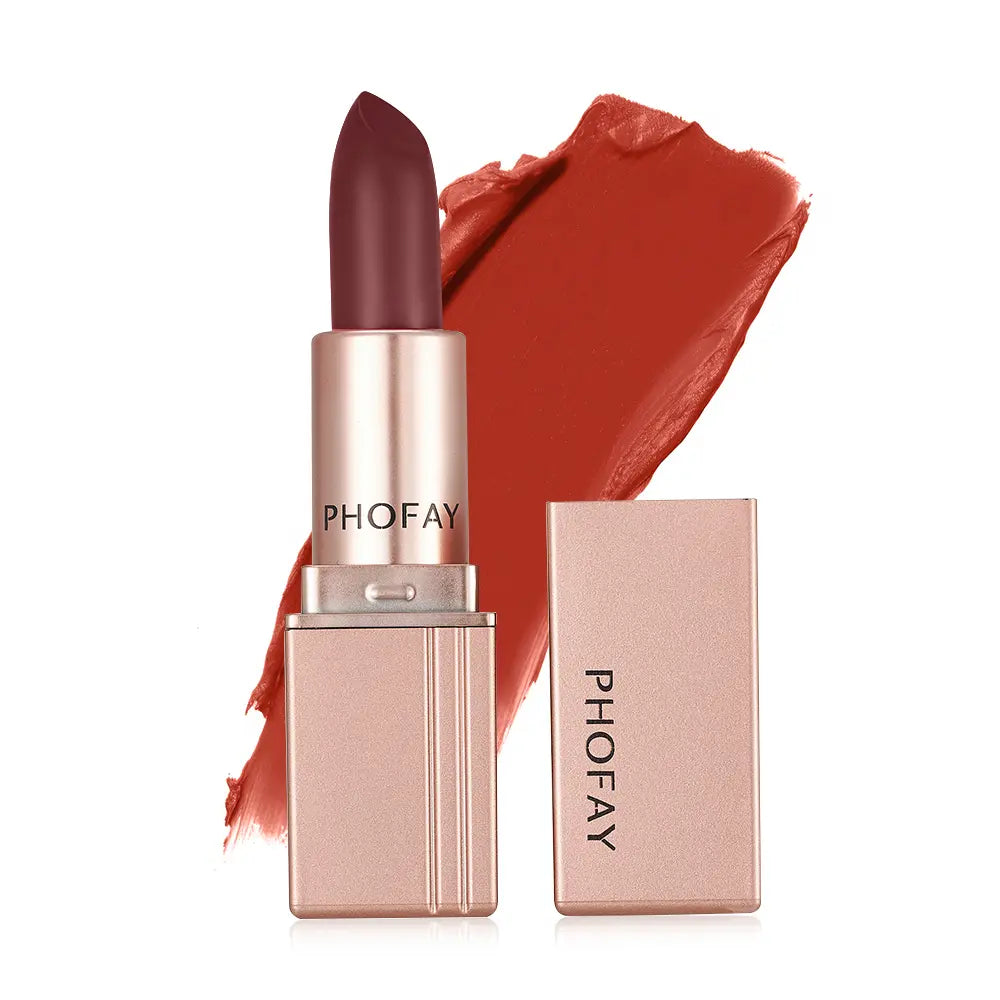 Lipstick with packaging and color swatch on a white background, featuring the brand 'PHOFAY'.
