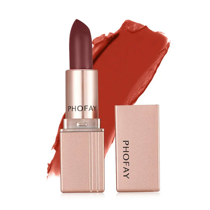 Lipstick with packaging and color swatch on a white background, featuring the brand 'PHOFAY'.