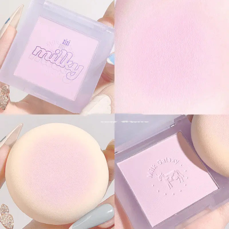 Collage of a pink and white makeup product with 'milky' branding.