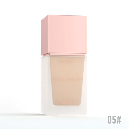 Foundation bottle with pink cap on a white background