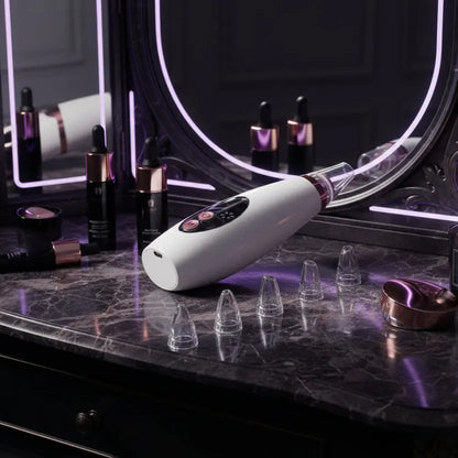 NEW Professional Blackhead Pore Vacuum positioned nearly falling over for extra flair in a dark themed vanity- Microcrystalline Suction Technology velvet vial