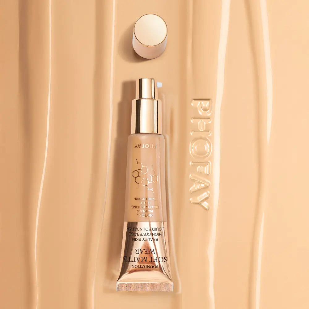 Skincare bottle on a beige background with 'Phofay branding.