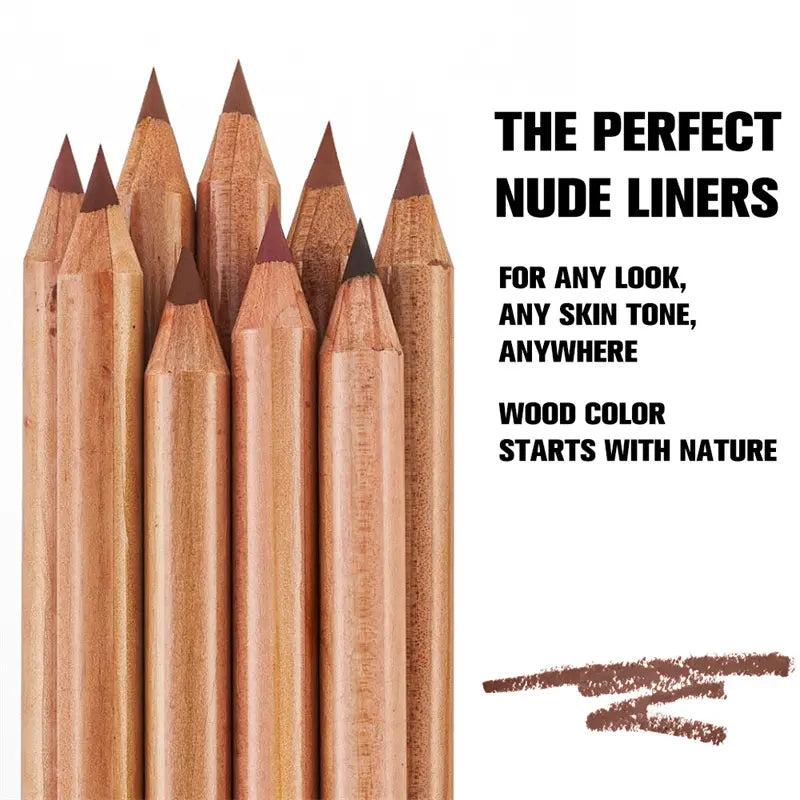 Lip liner with brown tips on a white background, labeled 'The Perfect Nude Liners'.