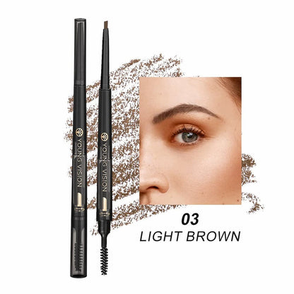 Two eyebrow pencils with a close-up of a woman's eye wearing the product, labeled '03 Light Brown'.