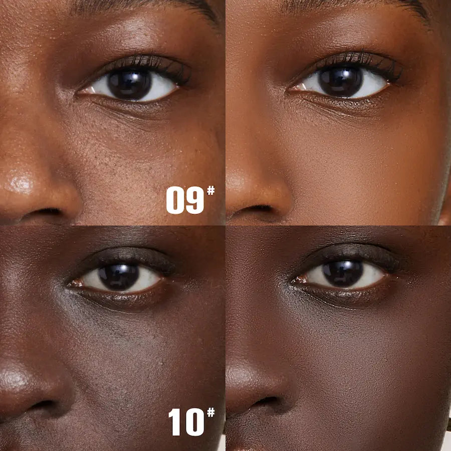 Close-up of a person's eye with different skin tones labeled 09 and 10.