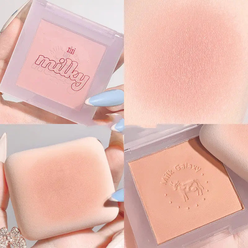 Collage of a pink makeup product with 'the milky' branding, showing close-up of texture and packaging.