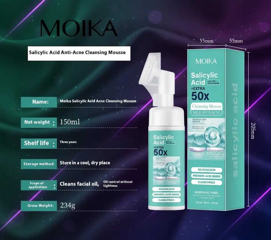 Moika Salicylic Acid Anti-Acne Cleansing Mousse with packaging on a dark background