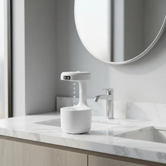 NEW Anti-Gravity Levitating Humidifier in bathroom vanity - Whisper-Quiet Water Drop Technology velvet vial