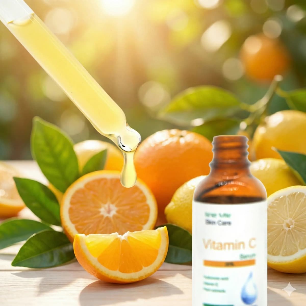 Vitamin C bottle with dropper and citrus fruits on a bright background