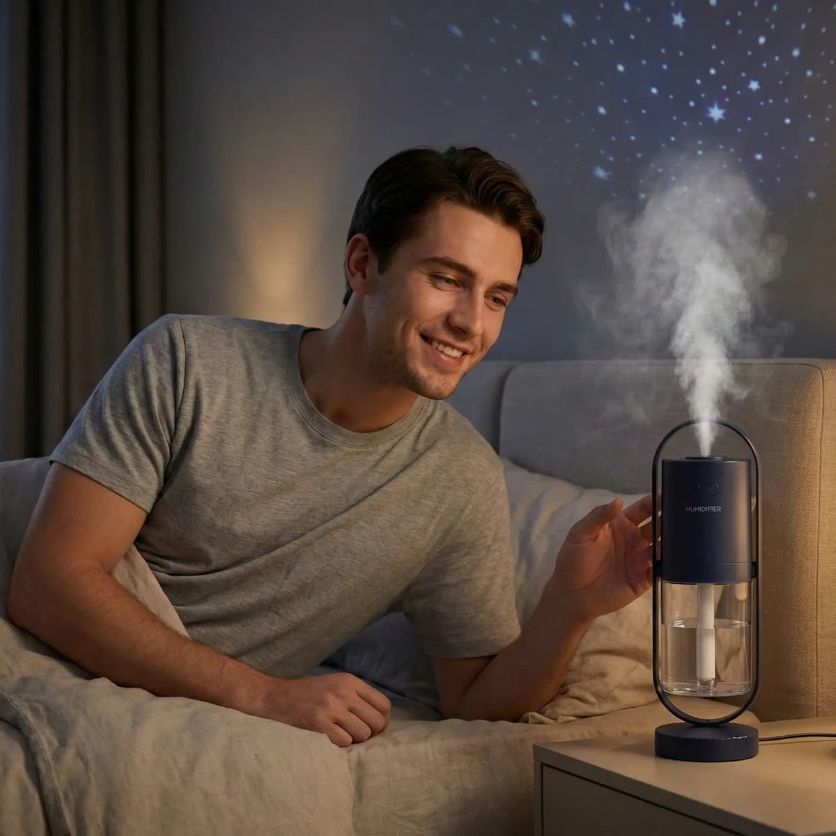 Man sitting on a bed using a humidifier with a starry night sky in the background