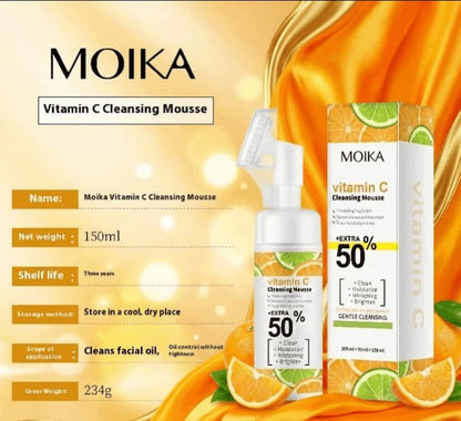 Moika Vitamin C Cleansing Mousse with packaging and product details on a bright background