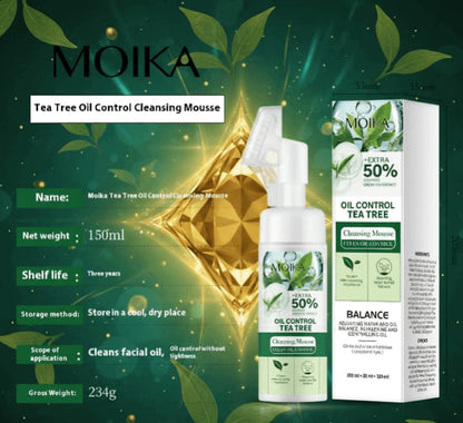 Moika Tea Tree Oil Control Cleansing Mousse with packaging on a green background