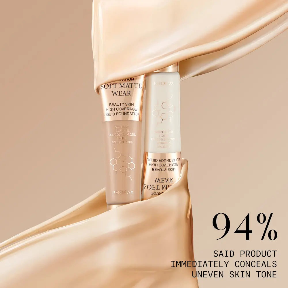 Two bottles of foundation with a beige background and text about product performance.