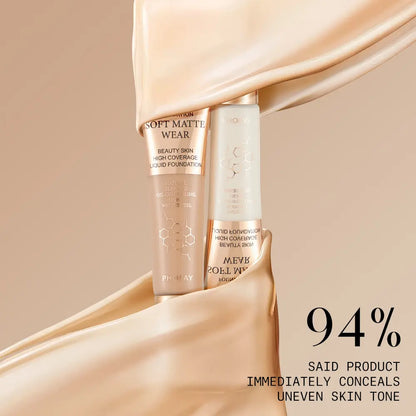 Two bottles of foundation with a beige background and text about product performance.