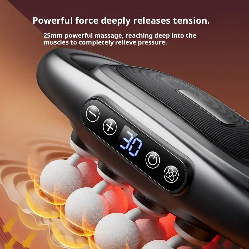Massage device with digital display and massage balls on a brown background