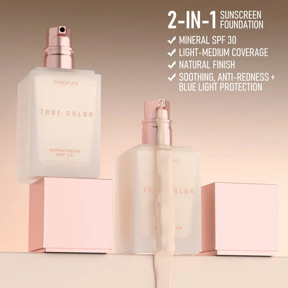 Two bottles of ProFay True Color 2-in-1 Sunscreen Foundation on a beige background with product details.