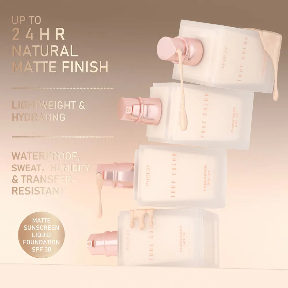 Matte sunscreen liquid foundation packaging with text highlighting features on a beige background