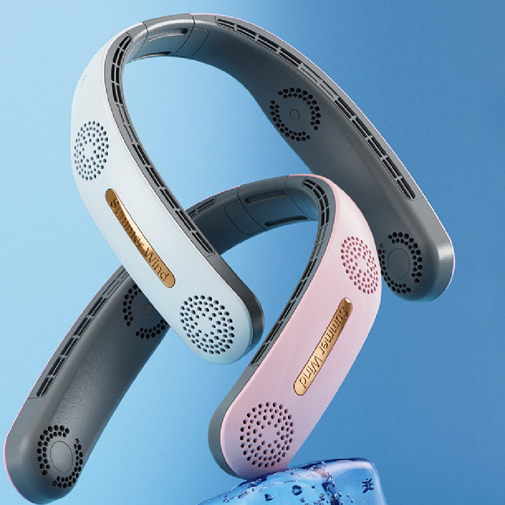 Two neck fans, one blue and one pink, on a light blue background.