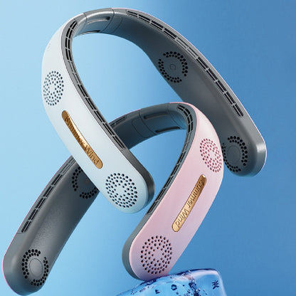 Two neck fans, one blue and one pink, on a light blue background.