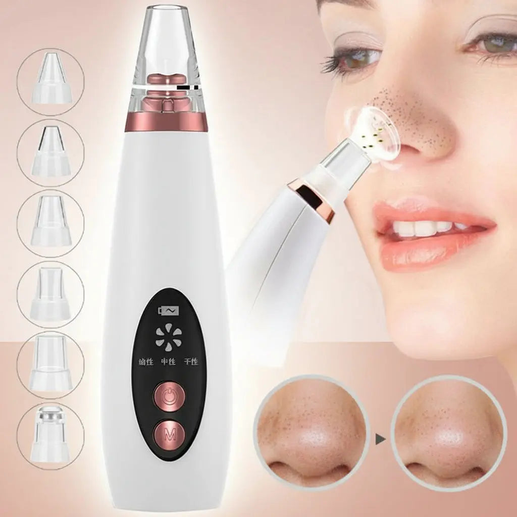 NEW Professional Blackhead Pore Vacuum simple image in a beige background showing the device' features - Microcrystalline Suction Technology velvet vial