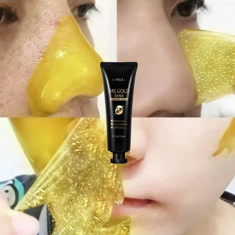 woman demonstrating the effect of Gold Foil Snail Peel-Off Mask - Hydrating & Rejuvenating Treatment velvet vial
