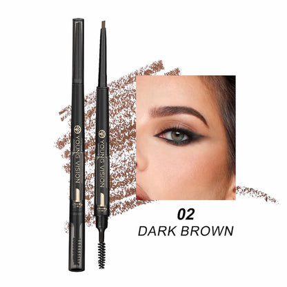 Eyebrow pencil with a close-up of an eye wearing the product, labeled '02 Dark Brown'.