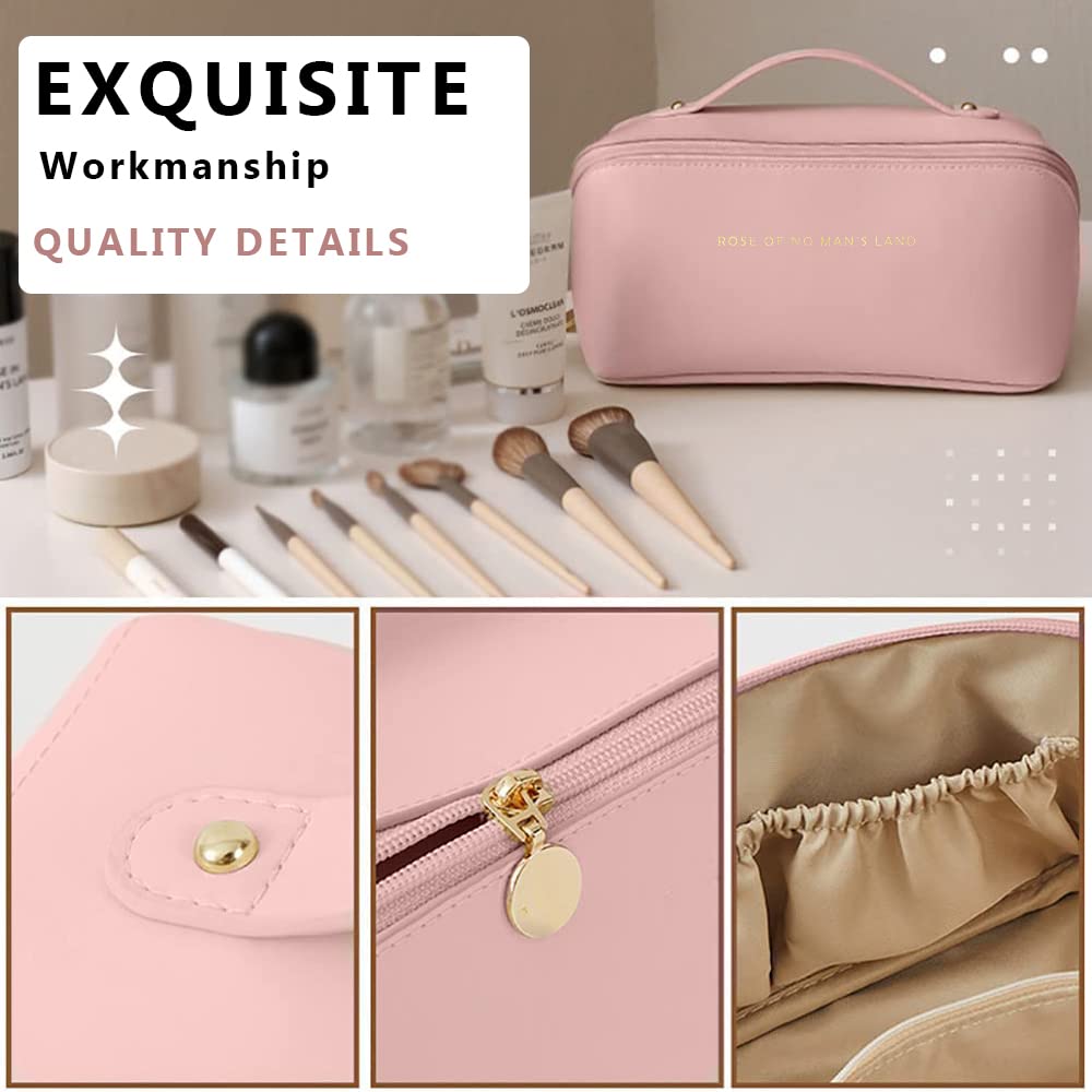Pink cosmetic bag with makeup brushes and products, highlighting exquisite workmanship and quality details.