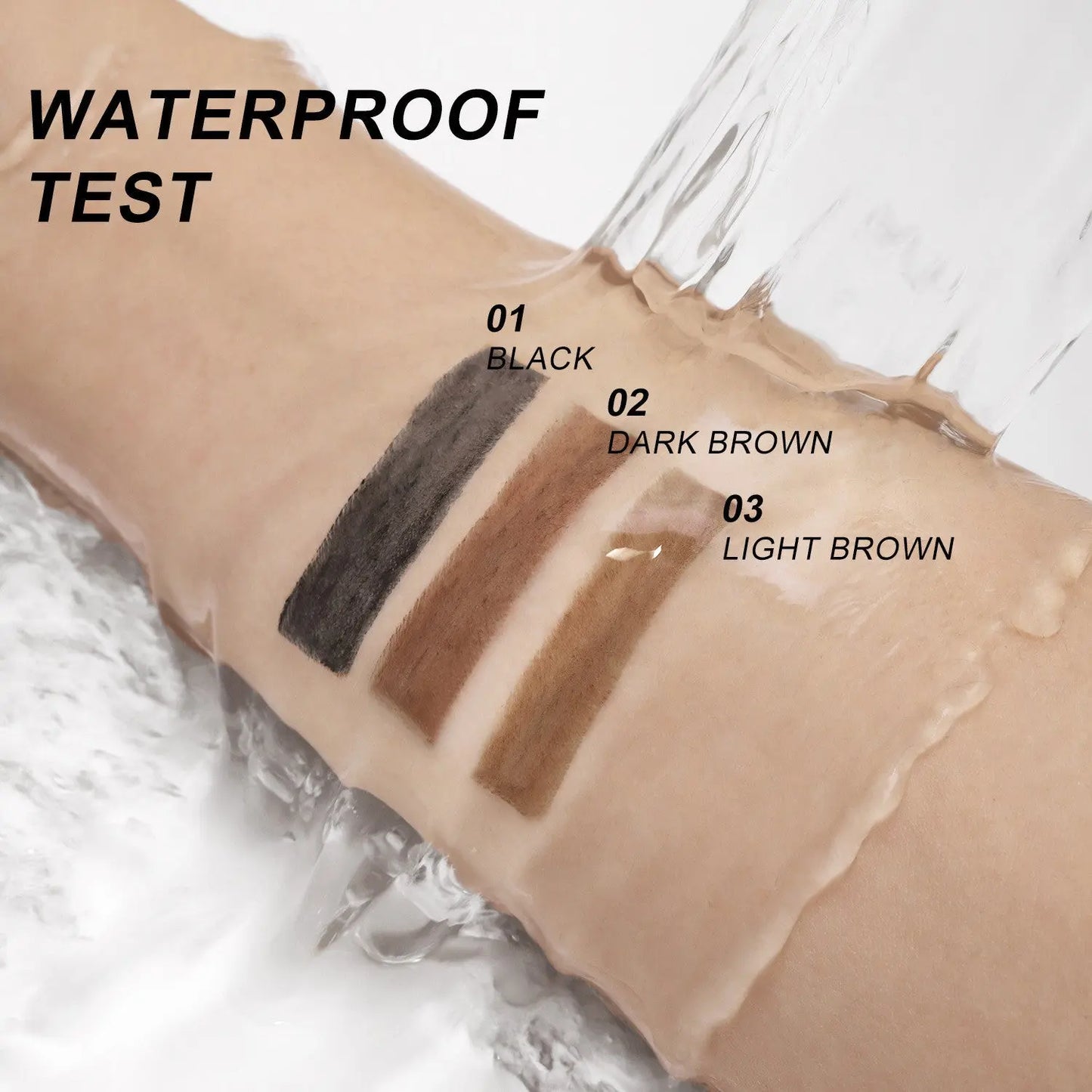 Waterproof test on arm with swatches of black, dark brown, and light brown makeup under running water