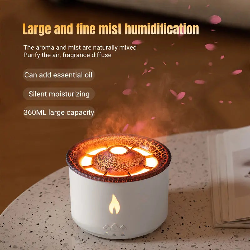 Volcano Flame Aromatherapy Humidifier demonstrating its features - Jellyfish Smoke Ring Diffuser velvet vial
