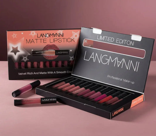 Langmanni matte lipstick set with multiple shades in black and orange limited edition packaging