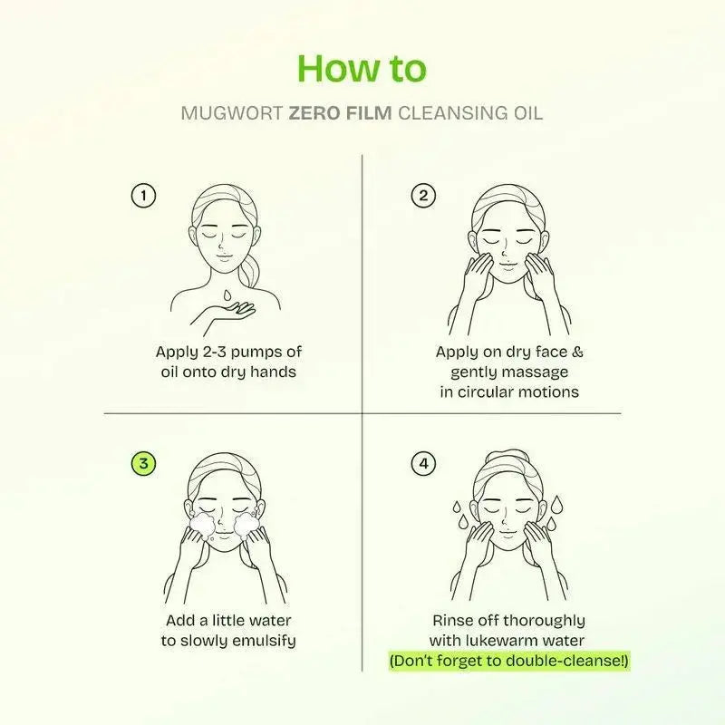 Instructions for using Mugwort Zero Film Cleansing Oil with a woman applying the oil to her face.