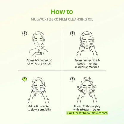 Instructions for using Mugwort Zero Film Cleansing Oil with a woman applying the oil to her face.