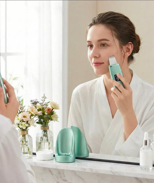 woman using Ultrasonic Skin Scrubber in her bathroom vanity - Deep Pore Cleansing & Exfoliation Tool velvet vial
