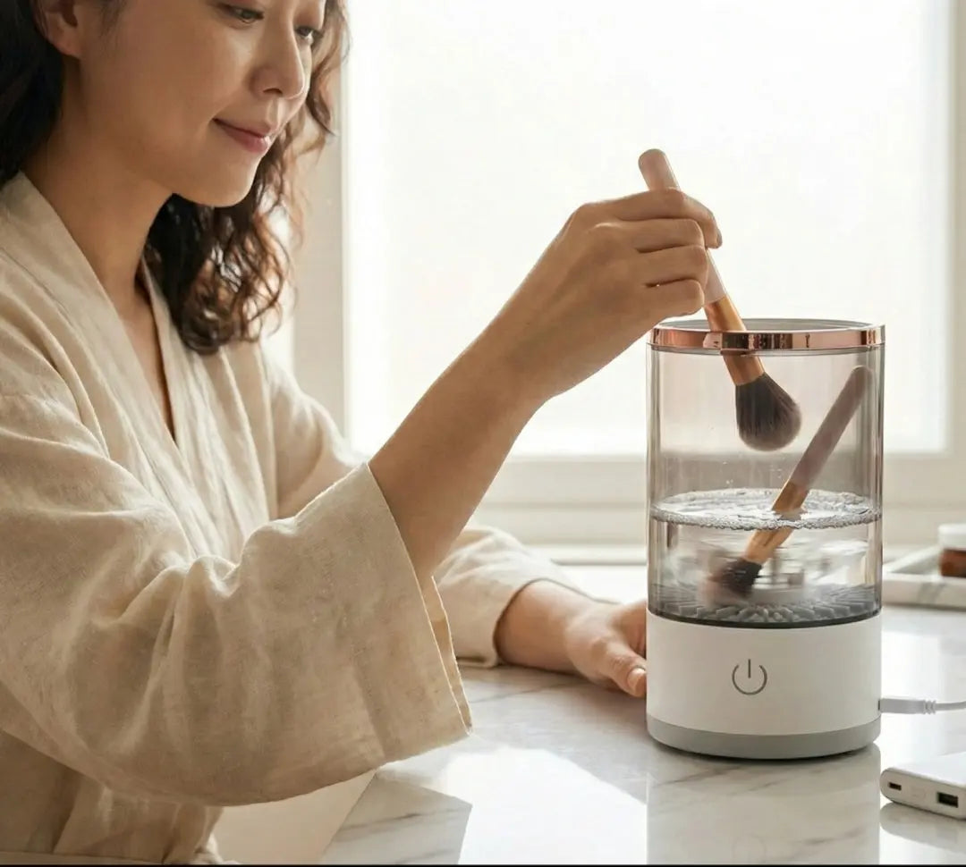 woman using Electric Makeup Brush Cleaner - USB Rechargeable + special gift 🎁 velvet vial