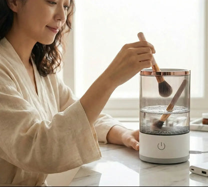 woman using Electric Makeup Brush Cleaner - USB Rechargeable + special gift 🎁 velvet vial