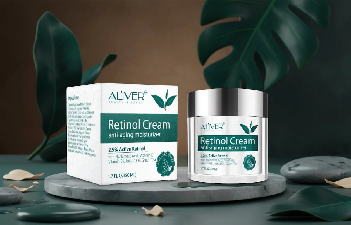 Aliver Retinol Cream packaging with leaves in the background
