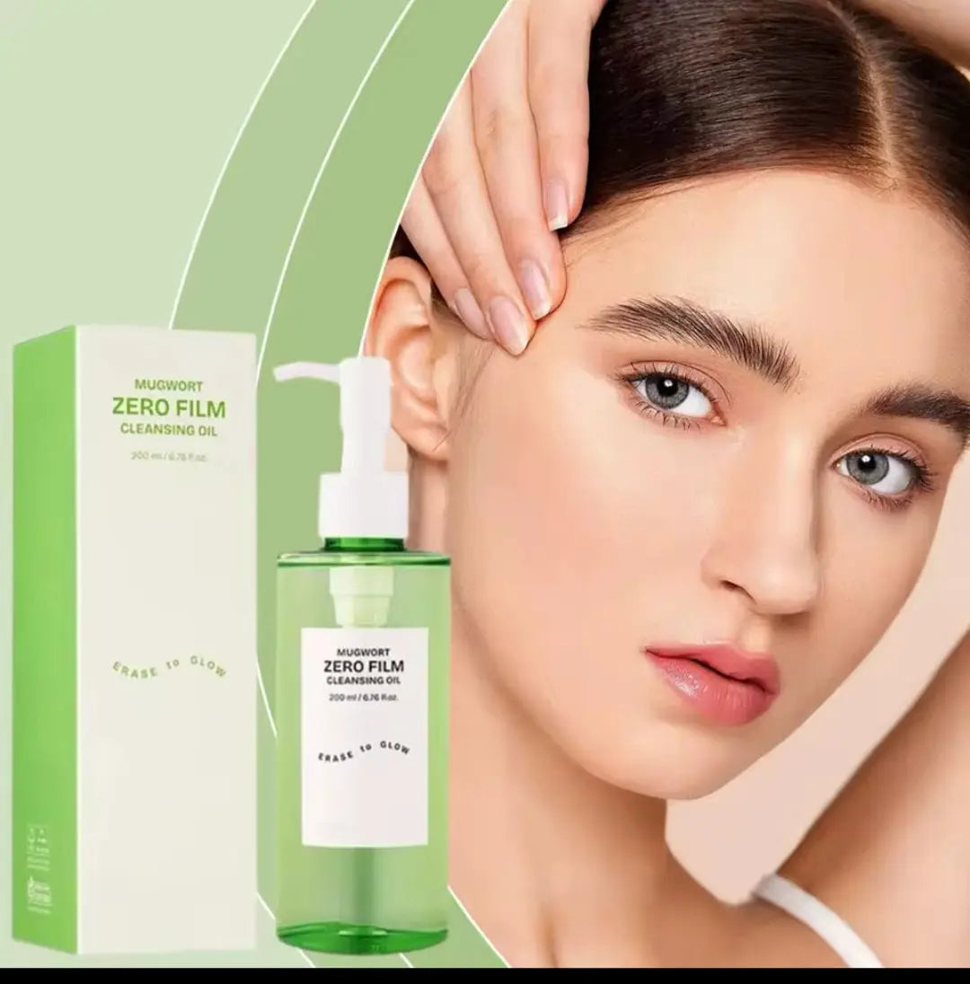 Woman with a clear complexion next to a green skincare product and packaging.
