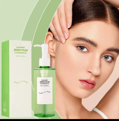 Woman with a clear complexion next to a green skincare product and packaging.