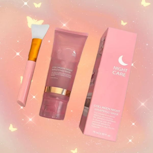 Collagen night wrapping mask with applicator and packaging on a pink gradient background