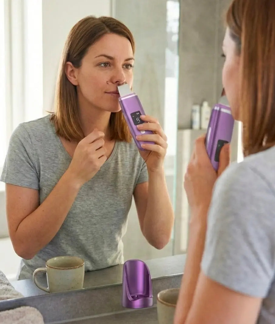 Woman about to use purple Ultrasonic Skin Scrubber in her bathroom - Deep Pore Cleansing & Exfoliation Tool velvet vial